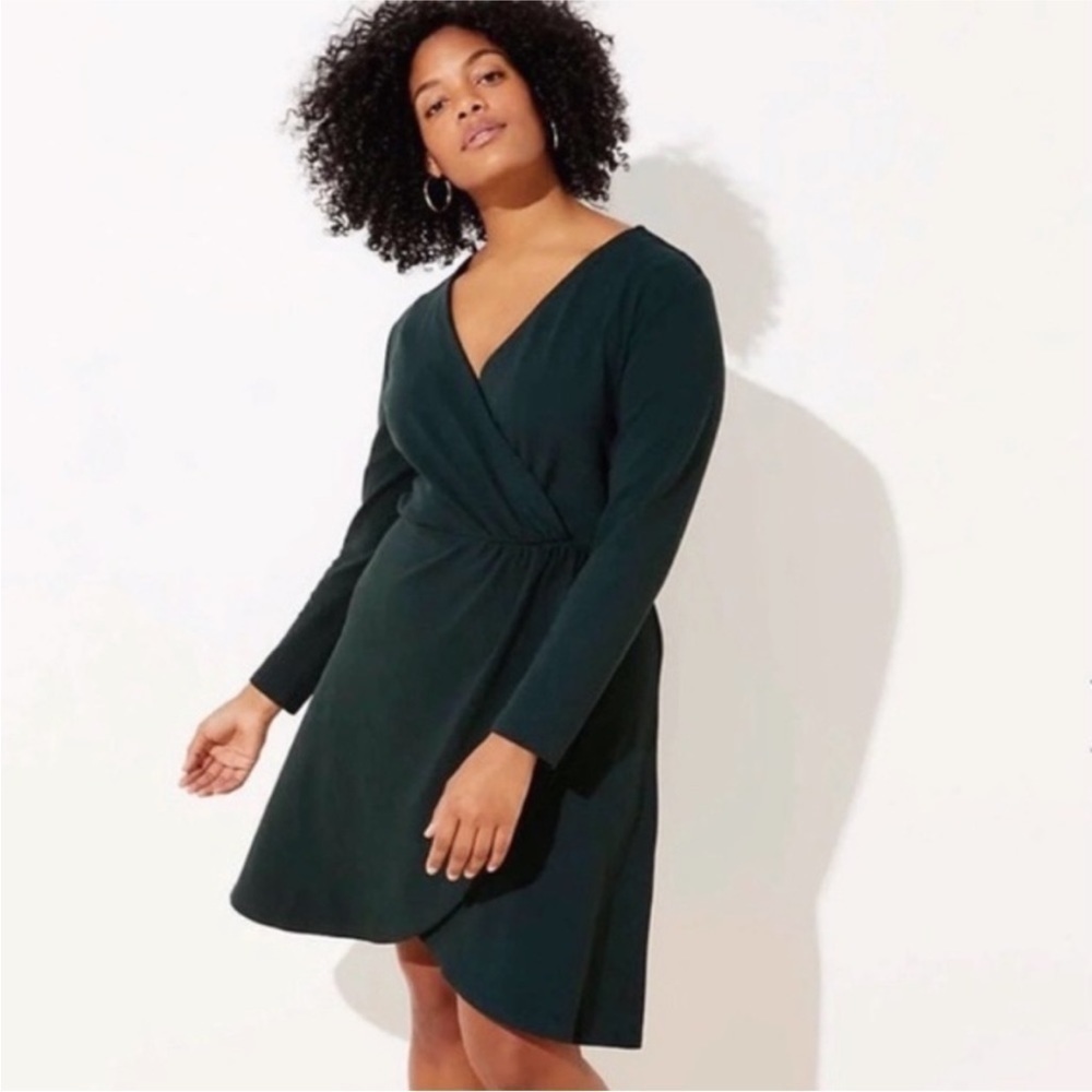 LOFT Dark Forest Green Faux Wrap Shirred Long Sleeve Tulip Hem Dress Holiday 14